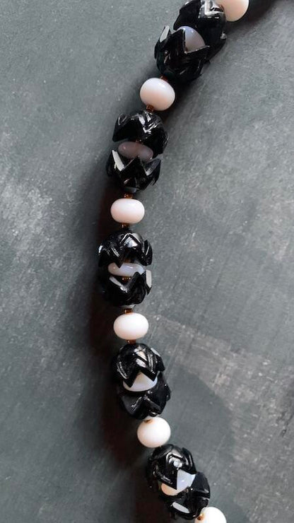 Necklace set | Artisan glass lampwork bunny beads, 1940s jet black puzzle beads, mid-century white glass beads