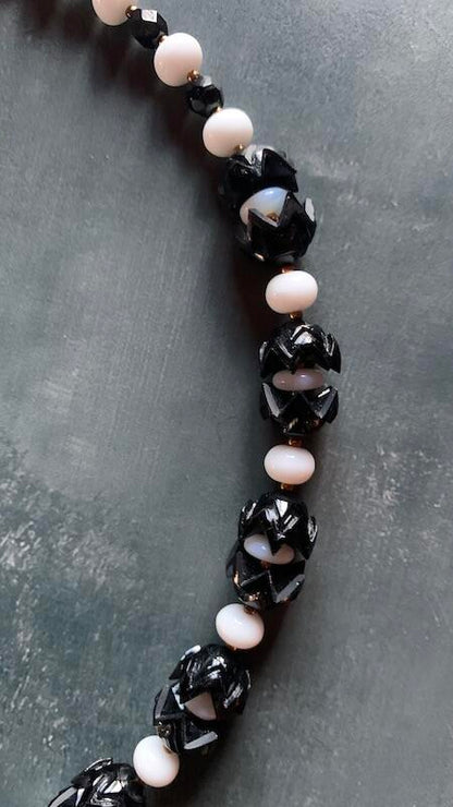 Necklace set | Artisan glass lampwork bunny beads, 1940s jet black puzzle beads, mid-century white glass beads
