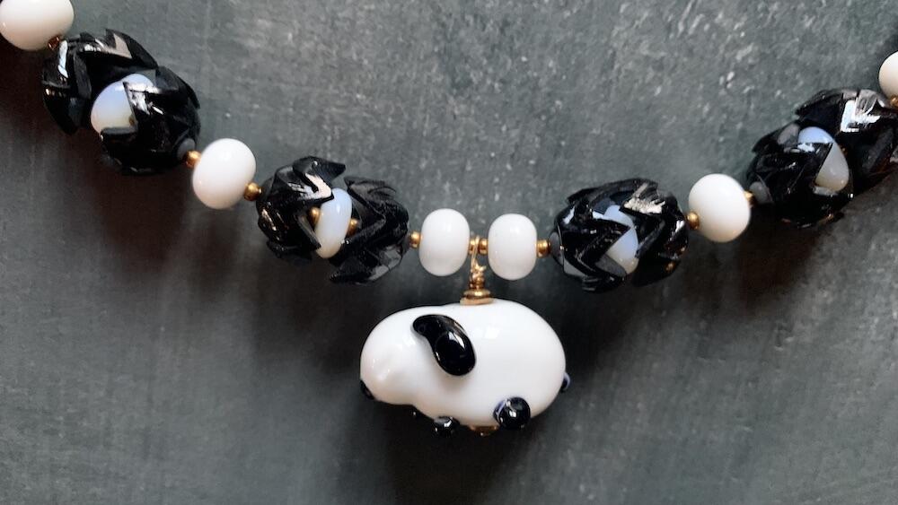 Necklace set | Artisan glass lampwork bunny beads, 1940s jet black puzzle beads, mid-century white glass beads