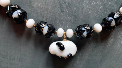 Necklace set | Artisan glass lampwork bunny beads, 1940s jet black puzzle beads, mid-century white glass beads