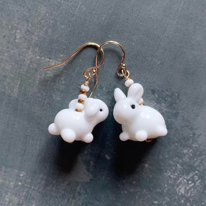Necklace set | Artisan glass lampwork bunny beads, 1940s jet black puzzle beads, mid-century white glass beads