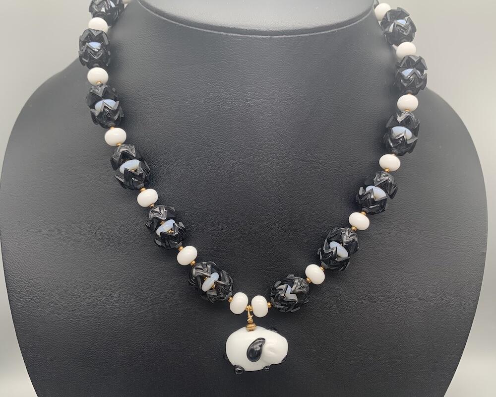 Necklace set | Artisan glass lampwork bunny beads, 1940s jet black puzzle beads, mid-century white glass beads