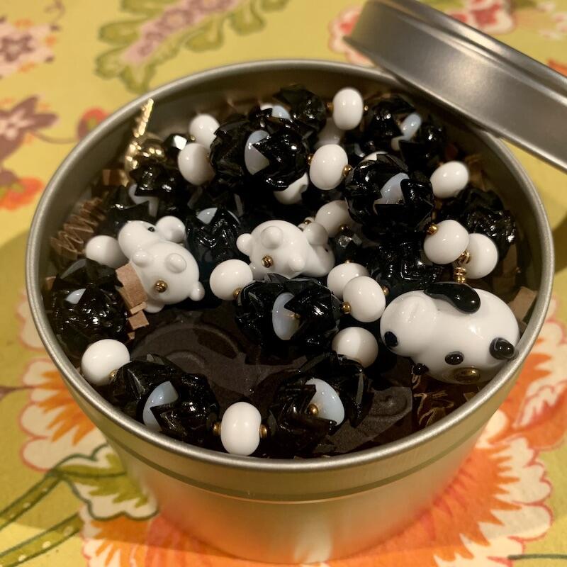 Necklace set | Artisan glass lampwork bunny beads, 1940s jet black puzzle beads, mid-century white glass beads