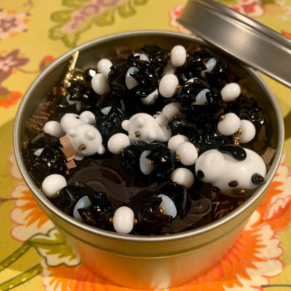 Necklace set | Artisan glass lampwork bunny beads, 1940s jet black puzzle beads, mid-century white glass beads