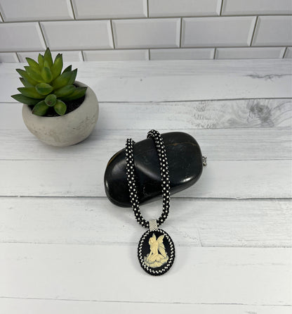 Fairy Cameo Pendant Necklace, Chenille Stitch Beaded Necklace, 18 Inch