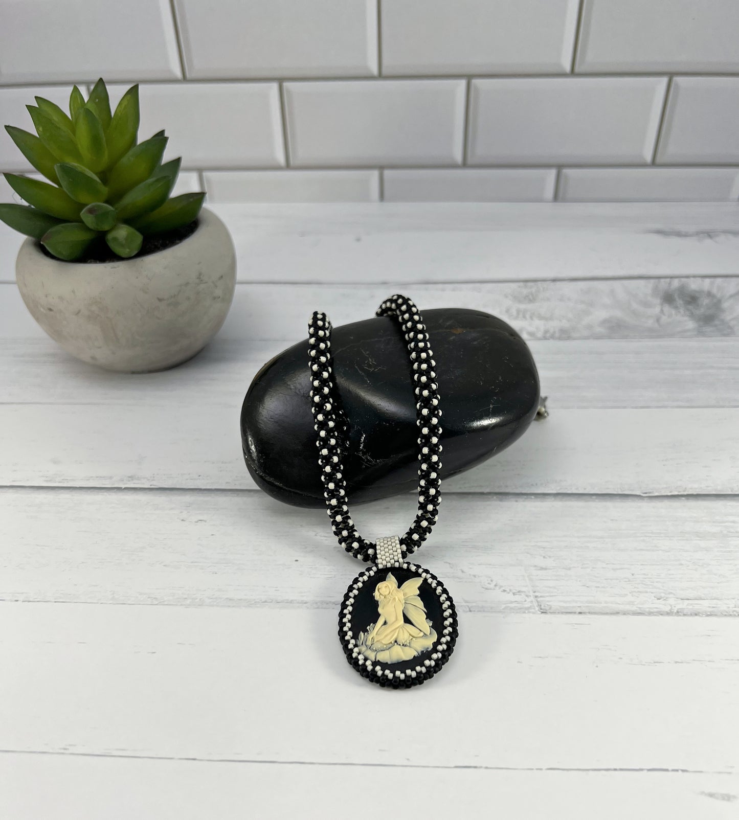 Fairy Cameo Pendant Necklace, Chenille Stitch Beaded Necklace, 18 Inch