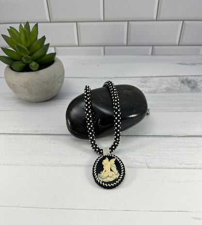 Fairy Cameo Pendant Necklace, Chenille Stitch Beaded Necklace, 18 Inch