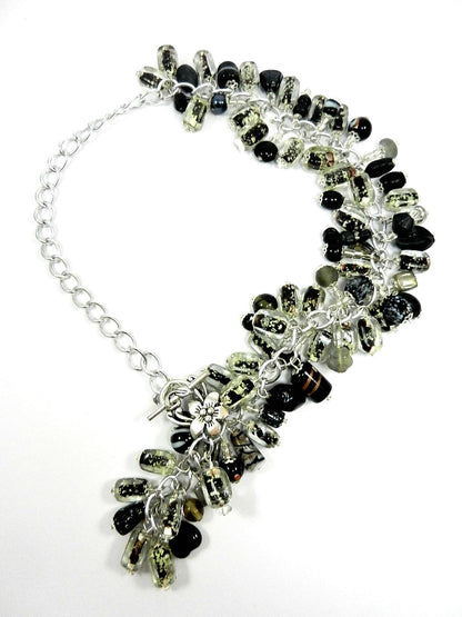 Black Lamp Work and Art Glass Bead Boa Style Necklace and Earrings