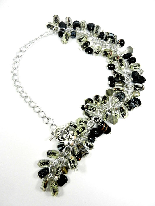 Black Lamp Work and Art Glass Bead Boa Style Necklace and Earrings