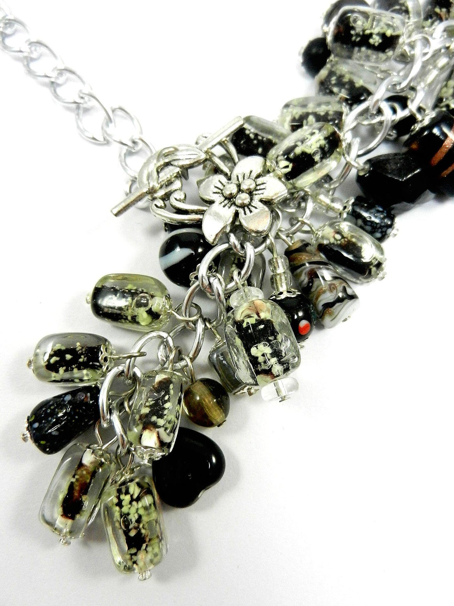 Black Lamp Work and Art Glass Bead Boa Style Necklace and Earrings