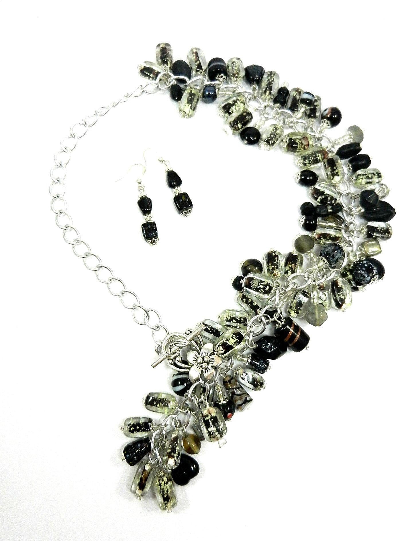 Black Lamp Work and Art Glass Bead Boa Style Necklace and Earrings