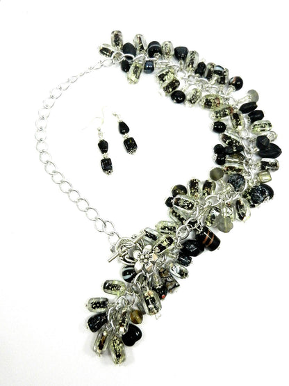 Black Lamp Work and Art Glass Bead Boa Style Necklace and Earrings