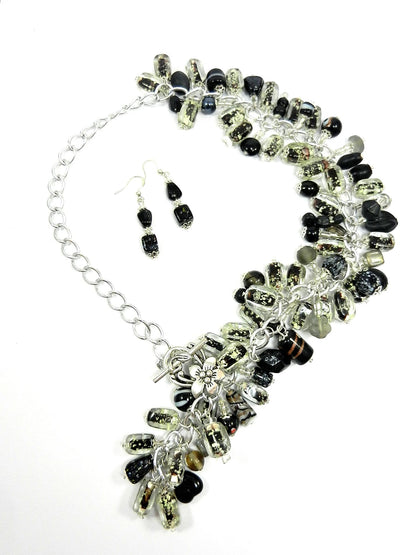 Black Lamp Work and Art Glass Bead Boa Style Necklace and Earrings