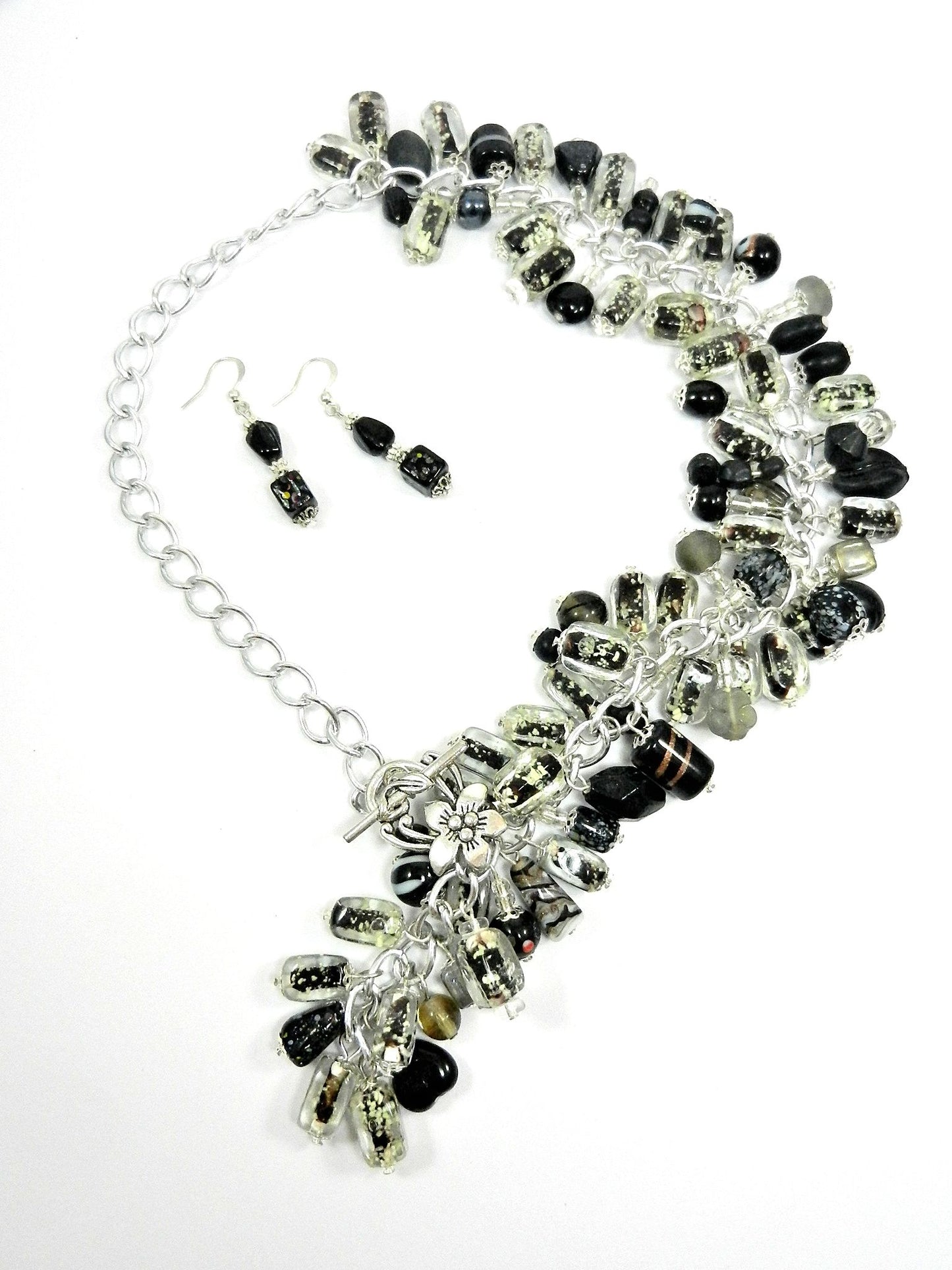 Black Lamp Work and Art Glass Bead Boa Style Necklace and Earrings