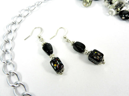 Black Lamp Work and Art Glass Bead Boa Style Necklace and Earrings