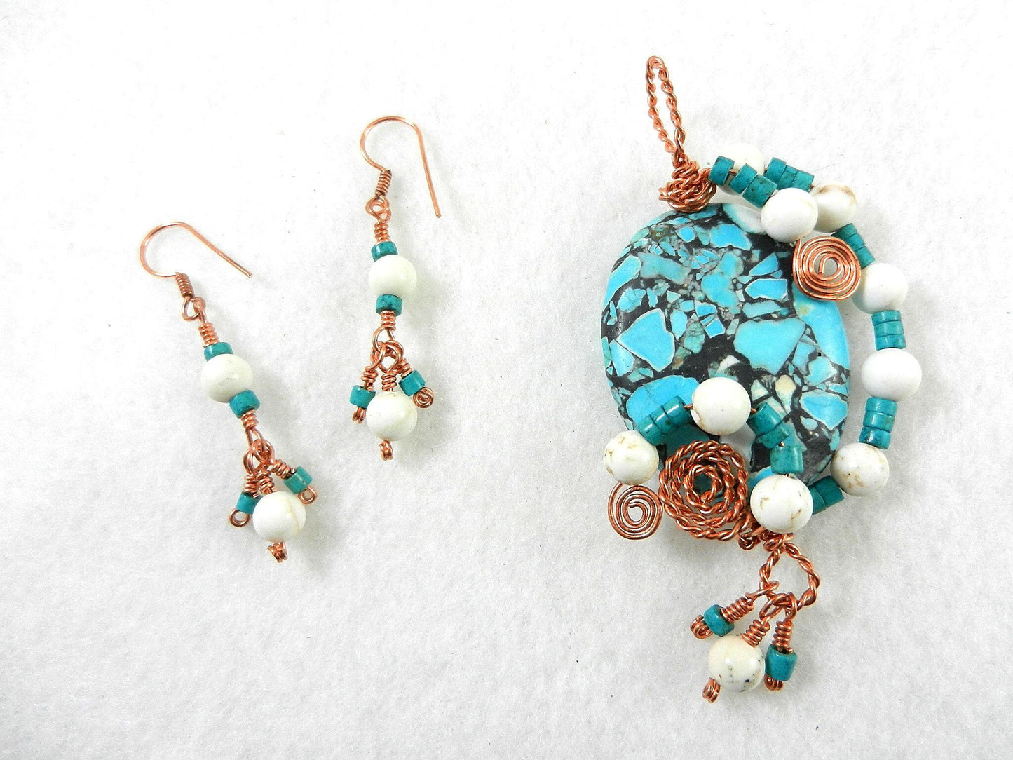 Brecciated Turquoise Pendant Copper Wire Wrapped with White Turquoise Gemstone Beads and Matching Earrings