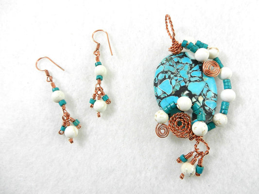 Brecciated Turquoise Pendant Copper Wire Wrapped with White Turquoise Gemstone Beads and Matching Earrings