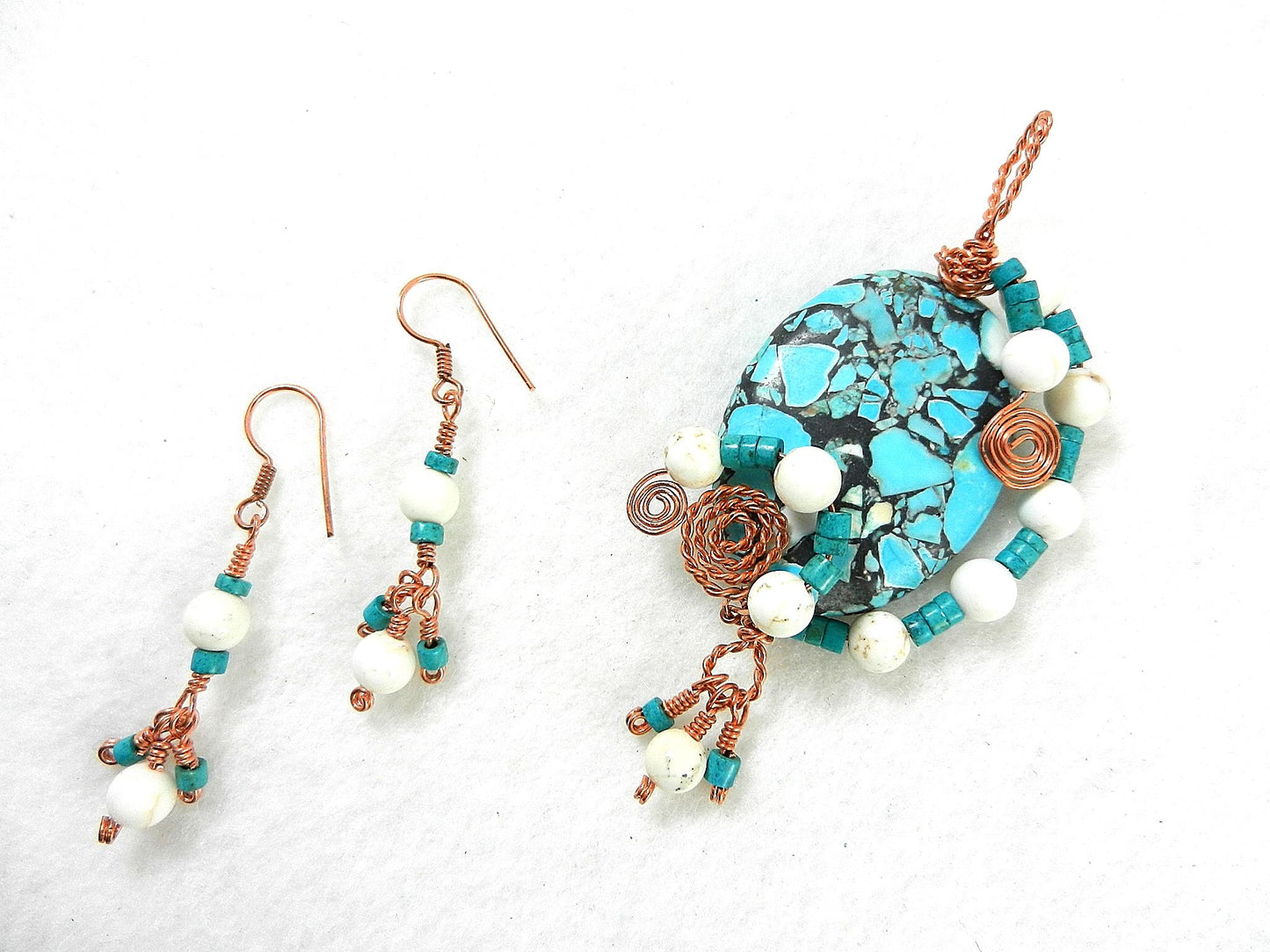 Brecciated Turquoise Pendant Copper Wire Wrapped with White Turquoise Gemstone Beads and Matching Earrings