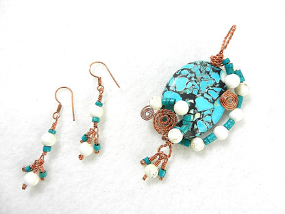 Brecciated Turquoise Pendant Copper Wire Wrapped with White Turquoise Gemstone Beads and Matching Earrings