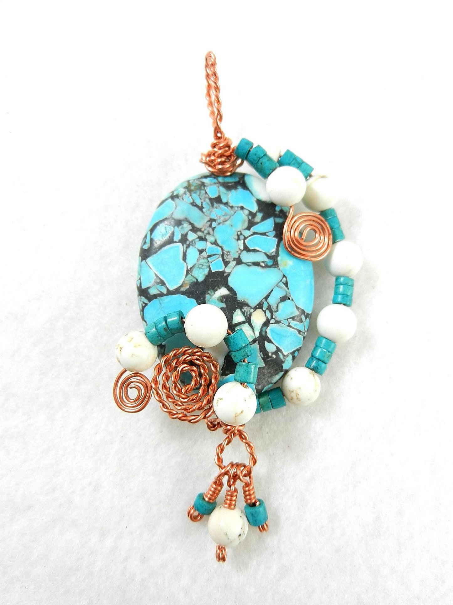 Brecciated Turquoise Pendant Copper Wire Wrapped with White Turquoise Gemstone Beads and Matching Earrings