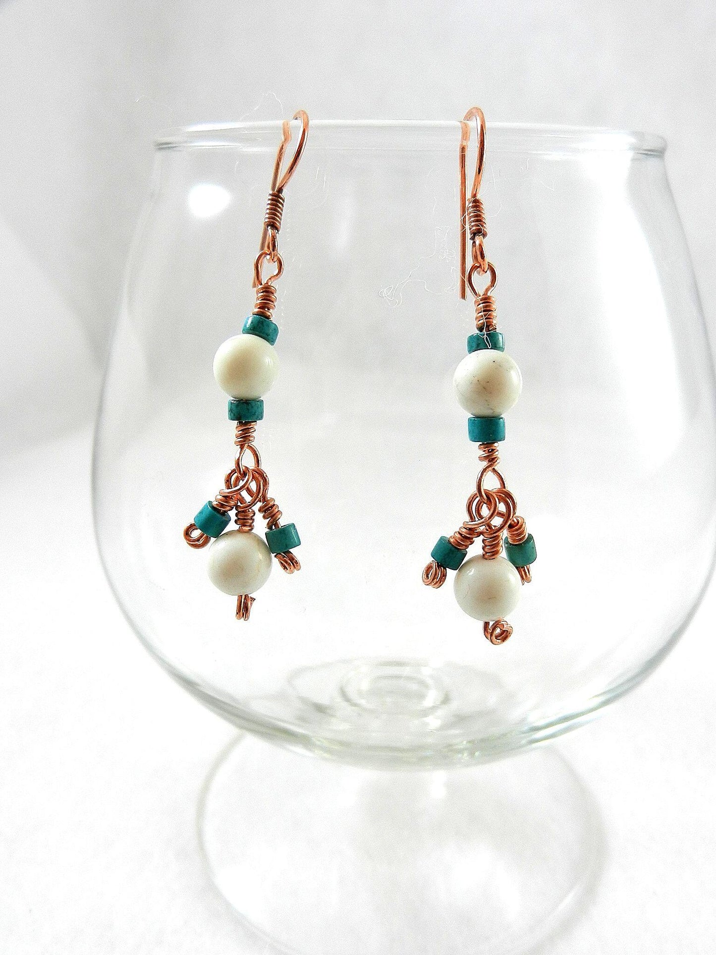 Brecciated Turquoise Pendant Copper Wire Wrapped with White Turquoise Gemstone Beads and Matching Earrings