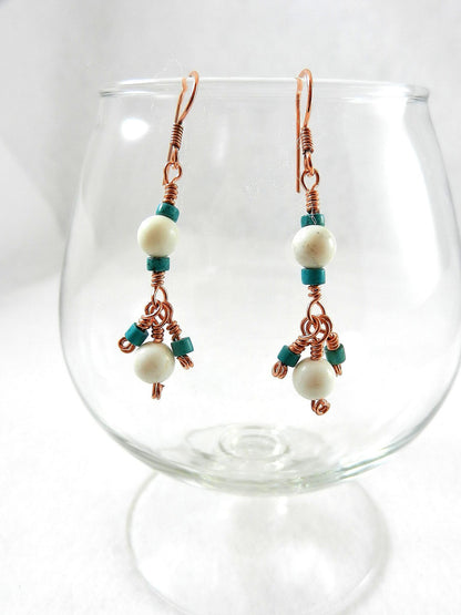 Brecciated Turquoise Pendant Copper Wire Wrapped with White Turquoise Gemstone Beads and Matching Earrings