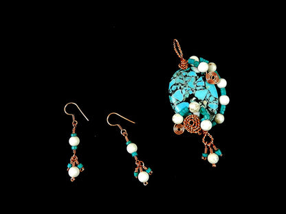 Brecciated Turquoise Pendant Copper Wire Wrapped with White Turquoise Gemstone Beads and Matching Earrings