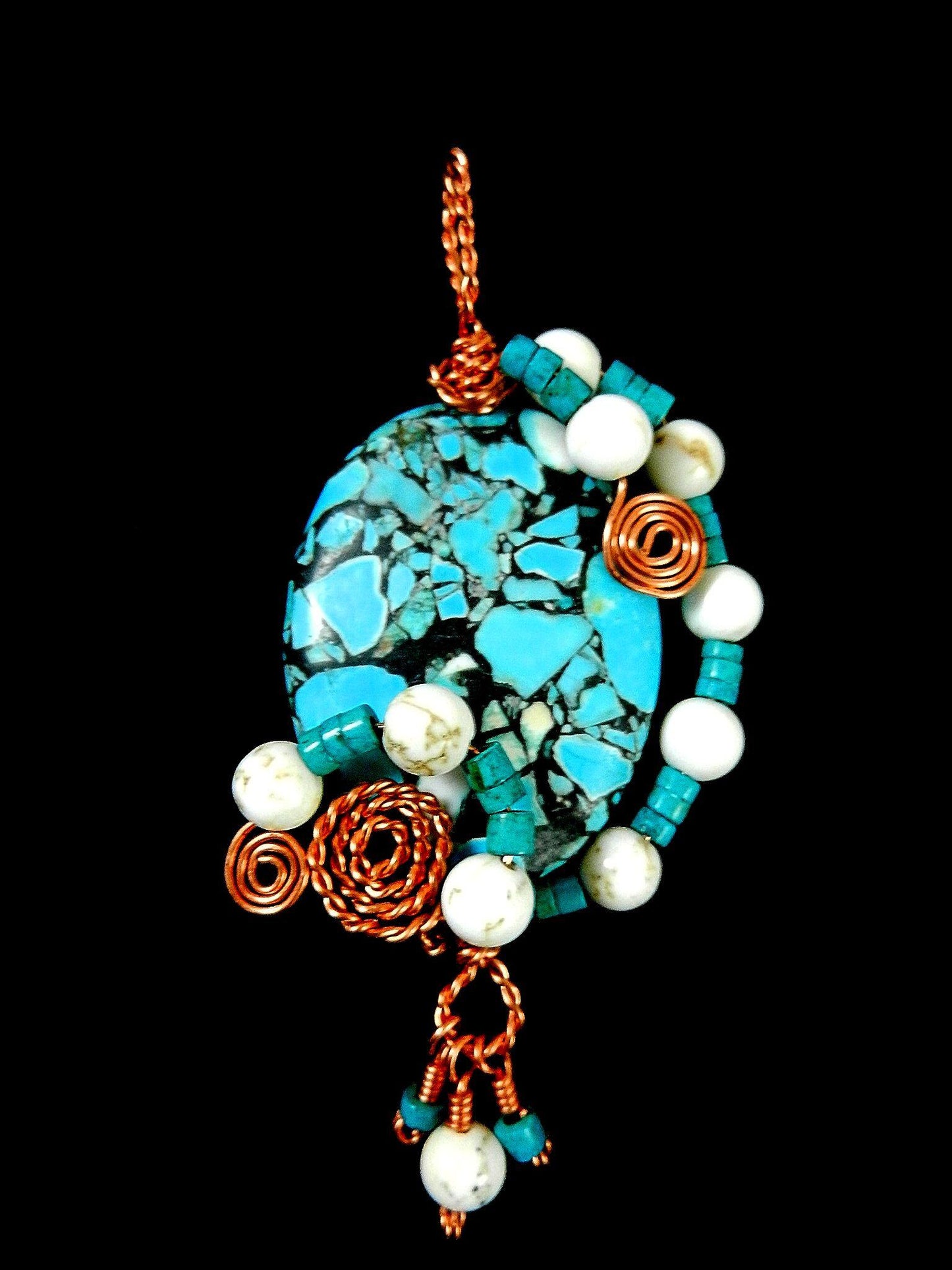 Brecciated Turquoise Pendant Copper Wire Wrapped with White Turquoise Gemstone Beads and Matching Earrings