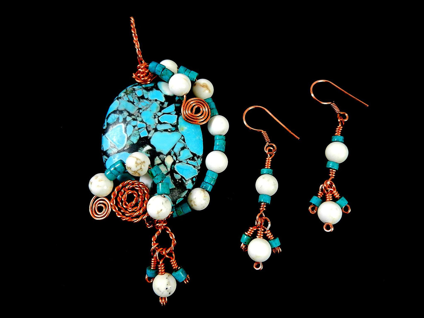 Brecciated Turquoise Pendant Copper Wire Wrapped with White Turquoise Gemstone Beads and Matching Earrings