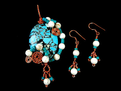 Brecciated Turquoise Pendant Copper Wire Wrapped with White Turquoise Gemstone Beads and Matching Earrings