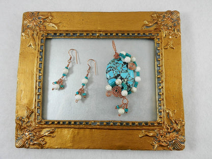 Brecciated Turquoise Pendant Copper Wire Wrapped with White Turquoise Gemstone Beads and Matching Earrings