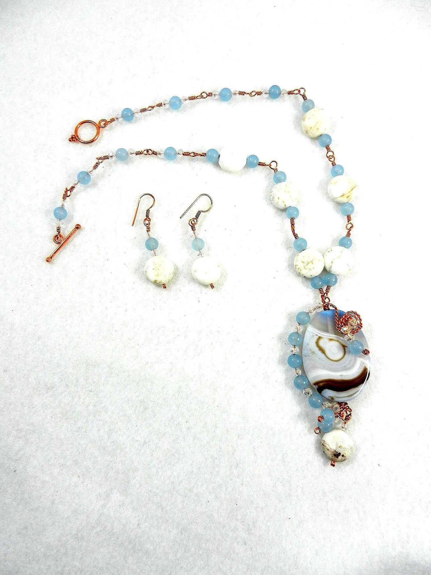 Blue Lace Agate Oval Pendant on Copper Wire Wrapped Necklace with Matching Earrings