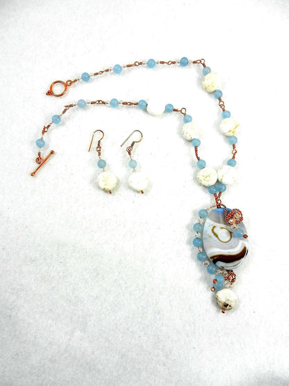 Blue Lace Agate Oval Pendant on Copper Wire Wrapped Necklace with Matching Earrings