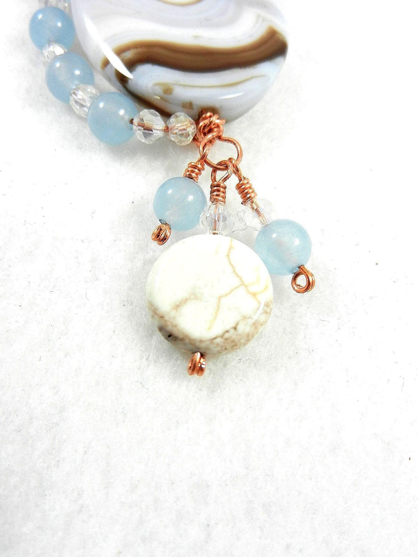 Blue Lace Agate Oval Pendant on Copper Wire Wrapped Necklace with Matching Earrings