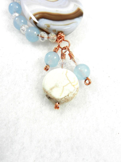 Blue Lace Agate Oval Pendant on Copper Wire Wrapped Necklace with Matching Earrings