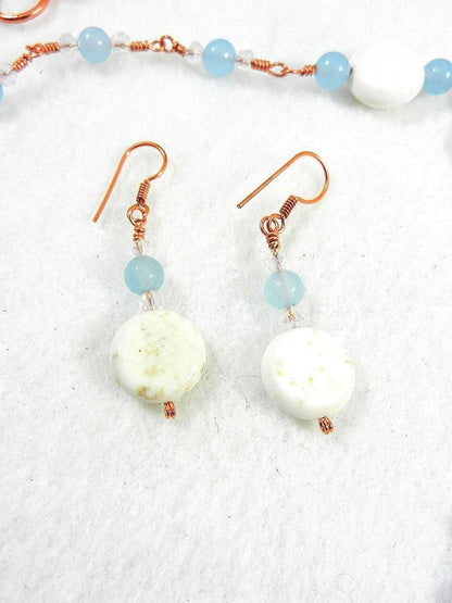 Blue Lace Agate Oval Pendant on Copper Wire Wrapped Necklace with Matching Earrings