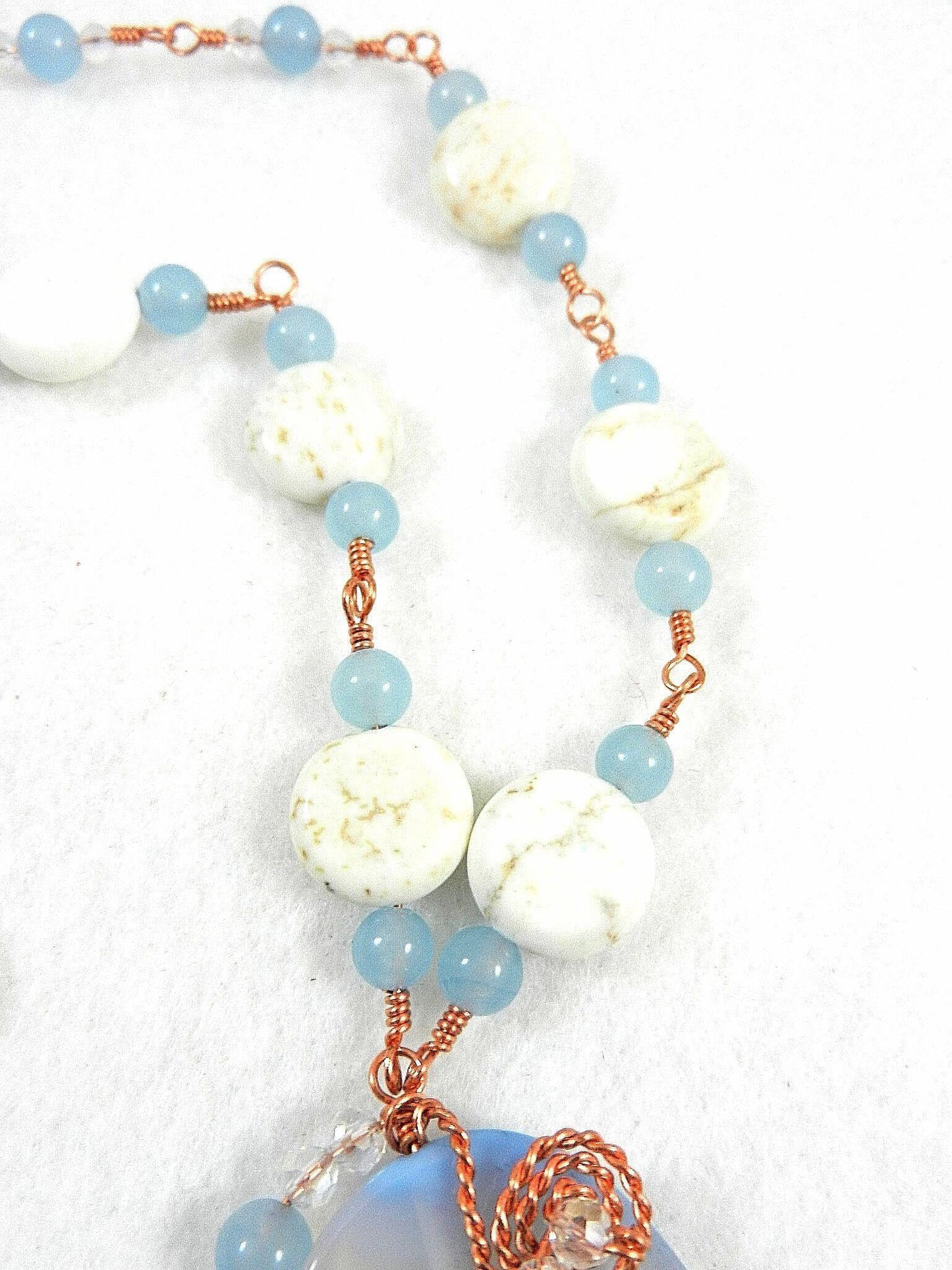 Blue Lace Agate Oval Pendant on Copper Wire Wrapped Necklace with Matching Earrings