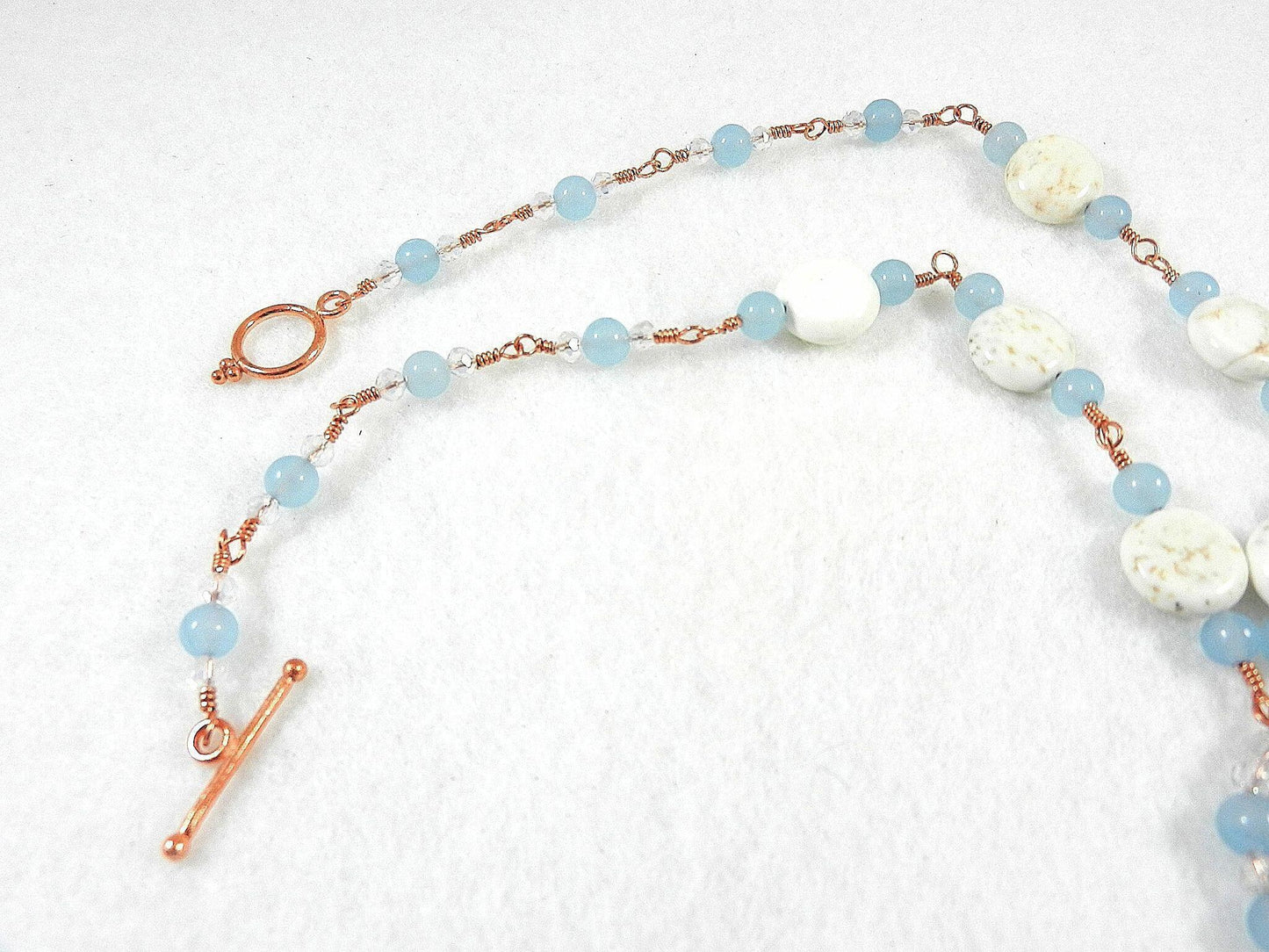 Blue Lace Agate Oval Pendant on Copper Wire Wrapped Necklace with Matching Earrings