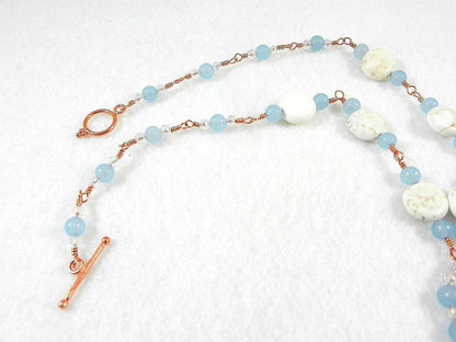 Blue Lace Agate Oval Pendant on Copper Wire Wrapped Necklace with Matching Earrings
