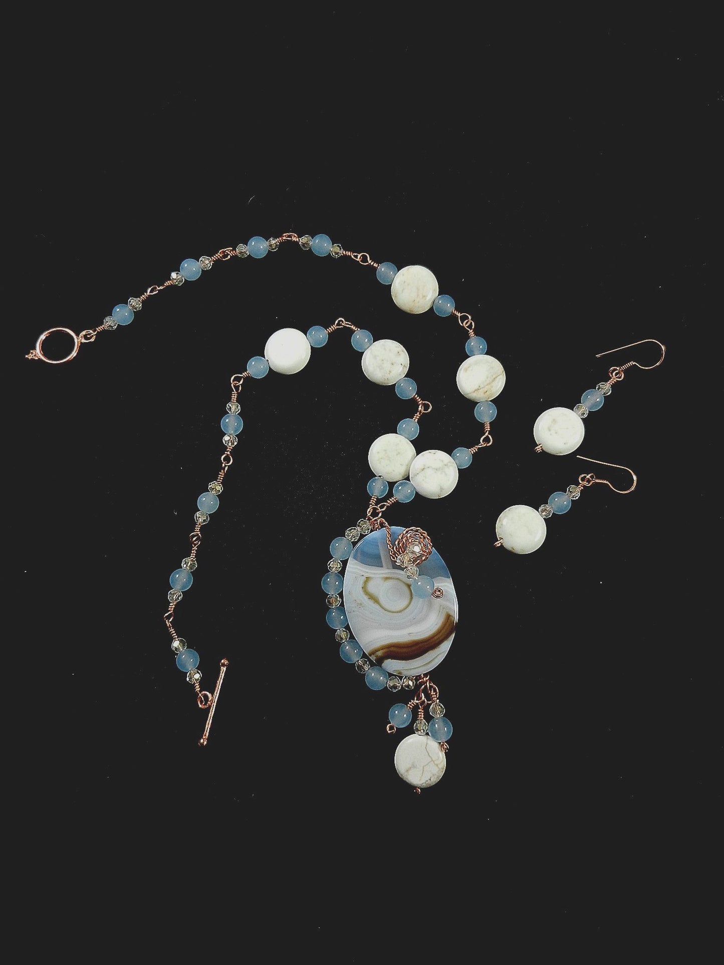 Blue Lace Agate Oval Pendant on Copper Wire Wrapped Necklace with Matching Earrings