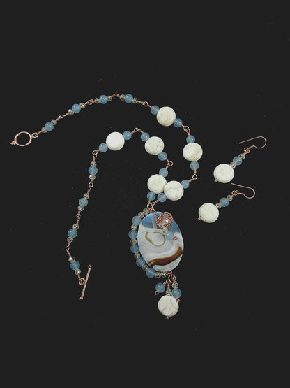 Blue Lace Agate Oval Pendant on Copper Wire Wrapped Necklace with Matching Earrings