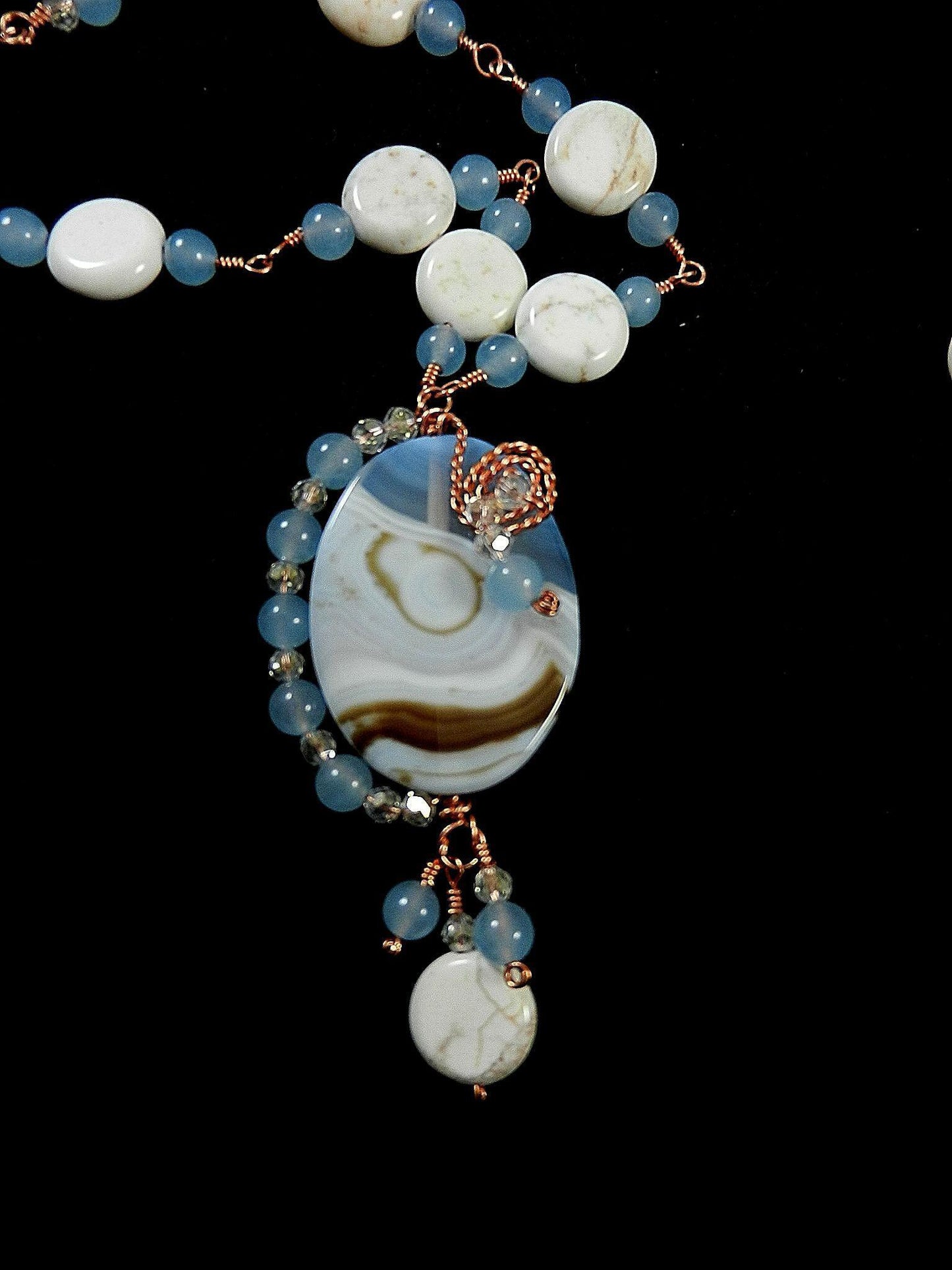 Blue Lace Agate Oval Pendant on Copper Wire Wrapped Necklace with Matching Earrings