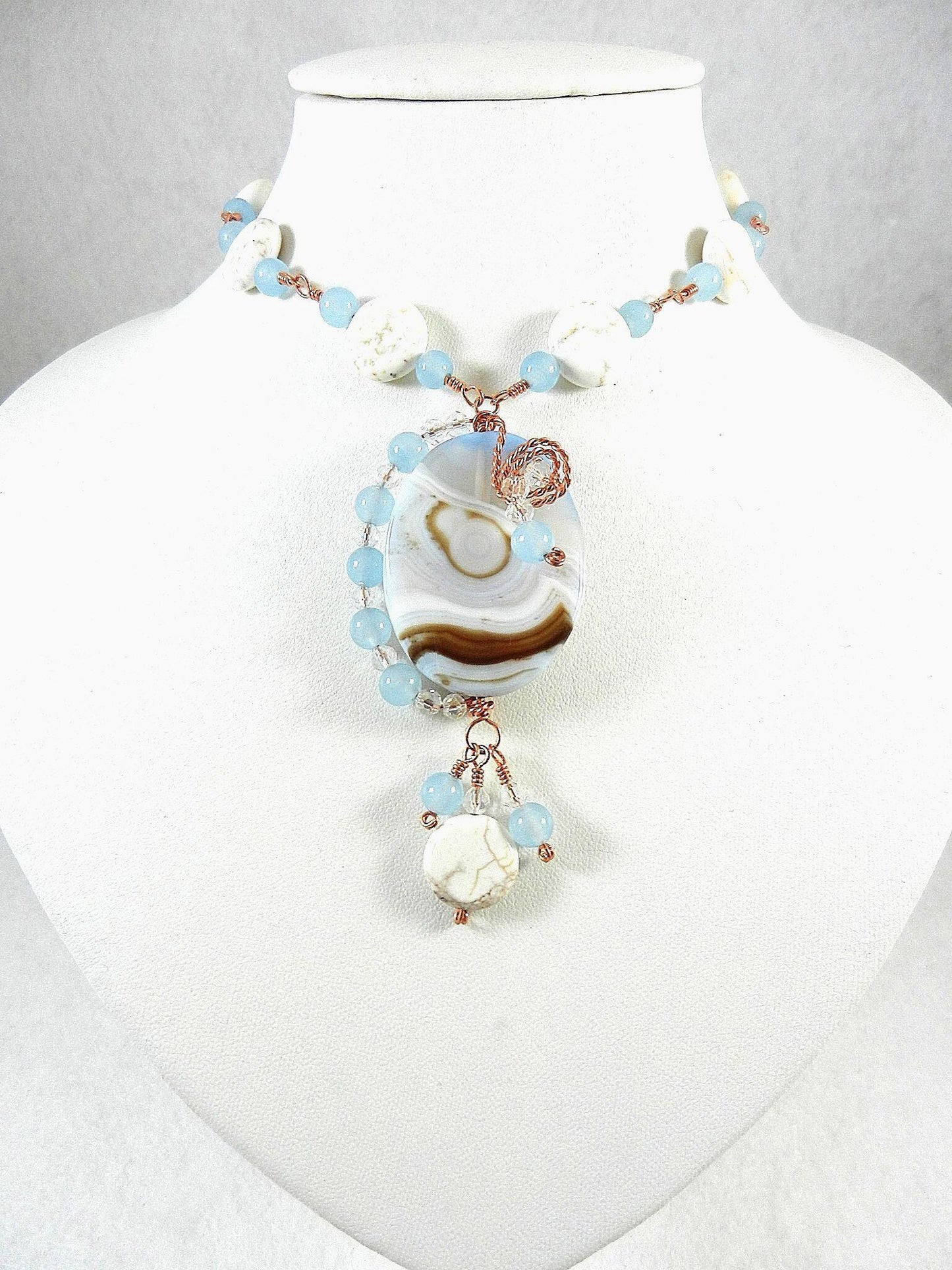 Blue Lace Agate Oval Pendant on Copper Wire Wrapped Necklace with Matching Earrings