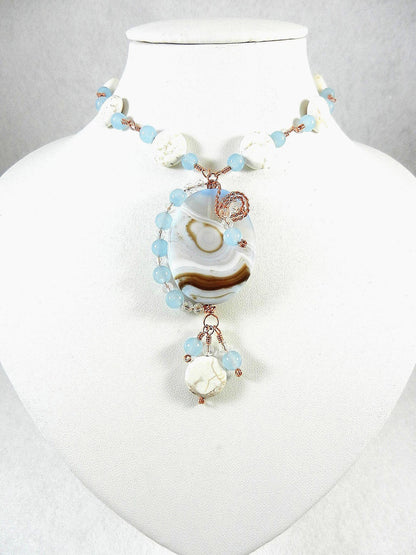 Blue Lace Agate Oval Pendant on Copper Wire Wrapped Necklace with Matching Earrings