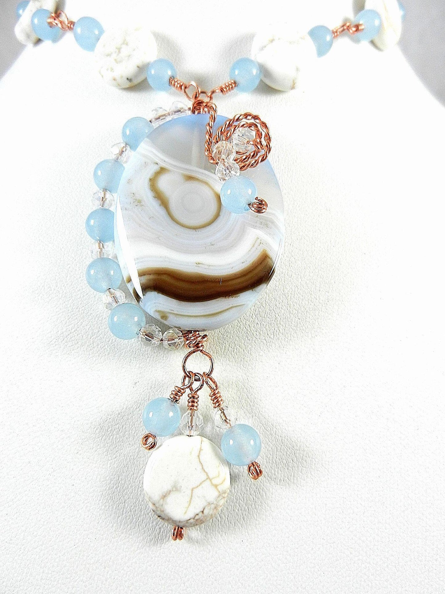 Blue Lace Agate Oval Pendant on Copper Wire Wrapped Necklace with Matching Earrings