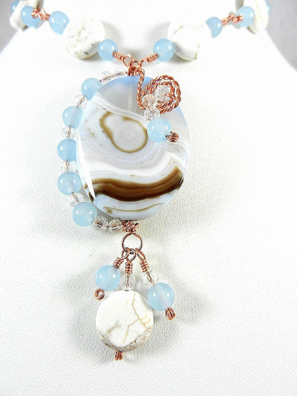 Blue Lace Agate Oval Pendant on Copper Wire Wrapped Necklace with Matching Earrings