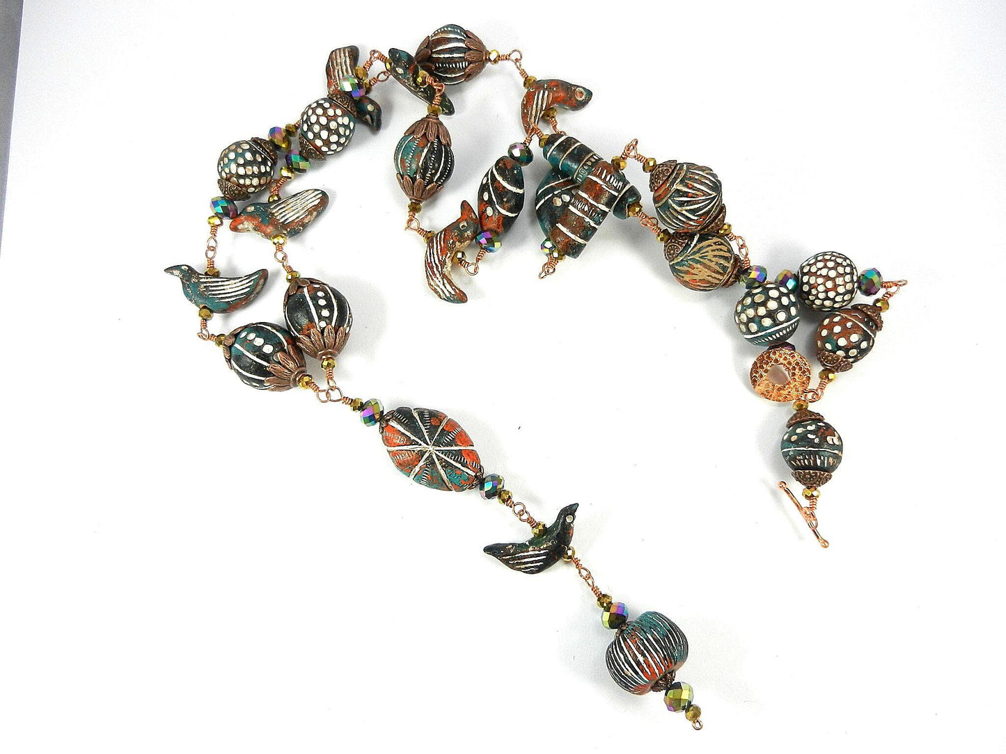Copper Wire Wrapped Necklaces with Orange White and Blue Clay Bird Bead and Crystals with Matching Earrings