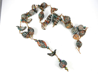 Copper Wire Wrapped Necklaces with Orange White and Blue Clay Bird Bead and Crystals with Matching Earrings