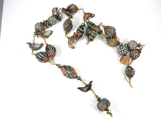 Copper Wire Wrapped Necklaces with Orange White and Blue Clay Bird Bead and Crystals with Matching Earrings