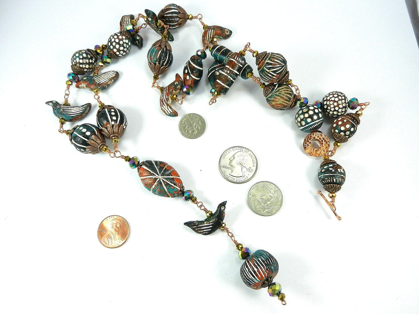 Copper Wire Wrapped Necklaces with Orange White and Blue Clay Bird Bead and Crystals with Matching Earrings